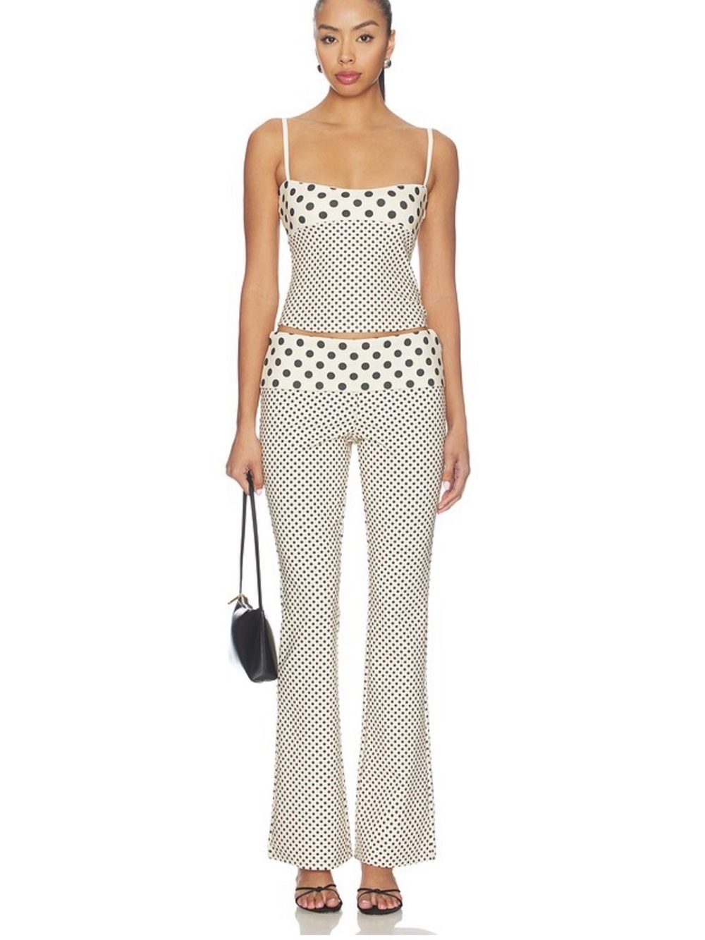 REVOLVE-Miaou Polka Dot 2 Pcs Spaghetti Strap Top & Flared Pants Cream/Black